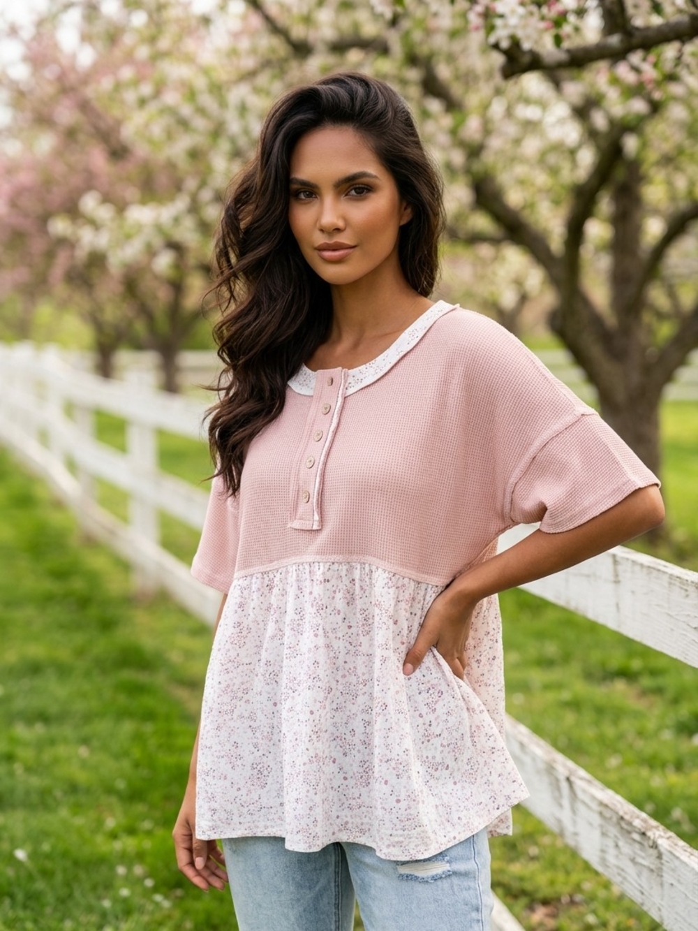 Waffle Knit Pink Mixed-Print Peplum Top - Picture 3 of 12